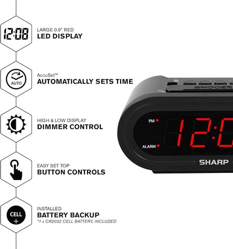 Sharp Digital Alarm with AccuSet - Automatic Smart Clock, Never Needs Setting (Midnight Black-White LED) in Saudi Arabia