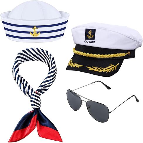 Yacht Captain Hat, Sailor Ship Cap Scarf Sunglasses， Captains Hat for Men Boating, Used for Yacht Rock Party Attire (4pCS set). in Saudi Arabia