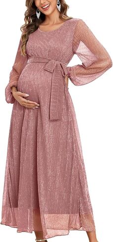 AISWI 2025 Maternity Sparkly Mesh Maxi Flowy Dress with Belt Long Sleeves Pregnant Long Dress Baby Shower Photoshoot Formal in Saudi Arabia