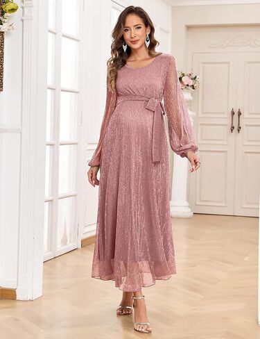 AISWI 2025 Maternity Sparkly Mesh Maxi Flowy Dress with Belt Long Sleeves Pregnant Long Dress Baby Shower Photoshoot Formal in Saudi Arabia