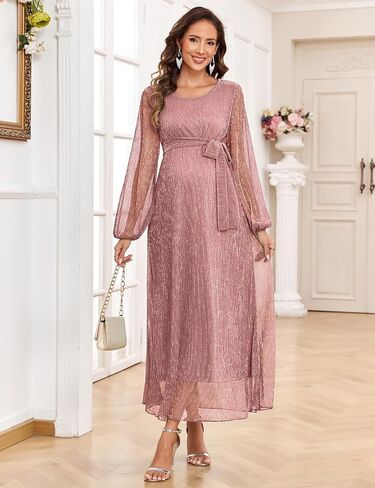 AISWI 2025 Maternity Sparkly Mesh Maxi Flowy Dress with Belt Long Sleeves Pregnant Long Dress Baby Shower Photoshoot Formal in Saudi Arabia