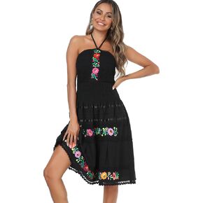 YZXDORWJ Women's Mexican Dress Summer Linen Mini Dress Floral Embroidered Fiesta Dresses in Saudi Arabia