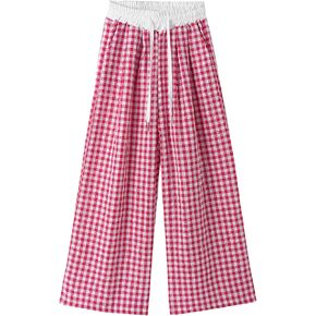 Happy Cherry Girls Gingham Wide Leg Pants Elastic High Waist Drawstring Waist Loose Long Pants Plaid Print 5-14 Years in Saudi Arabia