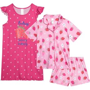 طقم بيجامة للفتيات من Rene Rofe - ثوب نوم مكشكش مكون من 3 قطع، وقميص نوم، وشورت صالة - ملابس نوم للفتيات (4-12) in Kuwait