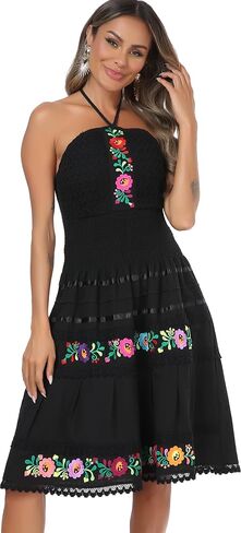 YZXDORWJ Women's Mexican Dress Summer Linen Mini Dress Floral Embroidered Fiesta Dresses in Saudi Arabia