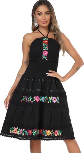 YZXDORWJ Women's Mexican Dress Summer Linen Mini Dress Floral Embroidered Fiesta Dresses in Saudi Arabia