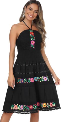 YZXDORWJ Women's Mexican Dress Summer Linen Mini Dress Floral Embroidered Fiesta Dresses in Saudi Arabia