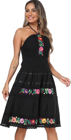 YZXDORWJ Women's Mexican Dress Summer Linen Mini Dress Floral Embroidered Fiesta Dresses in Saudi Arabia