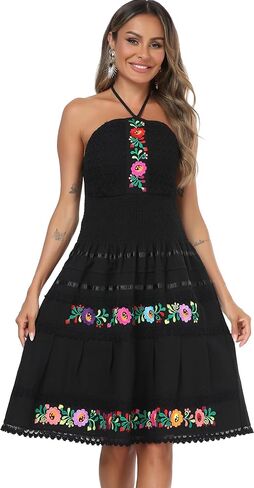 YZXDORWJ Women's Mexican Dress Summer Linen Mini Dress Floral Embroidered Fiesta Dresses in Saudi Arabia