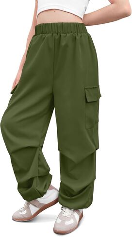 Girls Summer Baggy Parachute Y2K Cargo Pants Elastic Waist Jogger Wide Leg Trousers with Pockets 5-14 Years in Saudi Arabia
