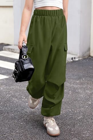 Girls Summer Baggy Parachute Y2K Cargo Pants Elastic Waist Jogger Wide Leg Trousers with Pockets 5-14 Years in Saudi Arabia