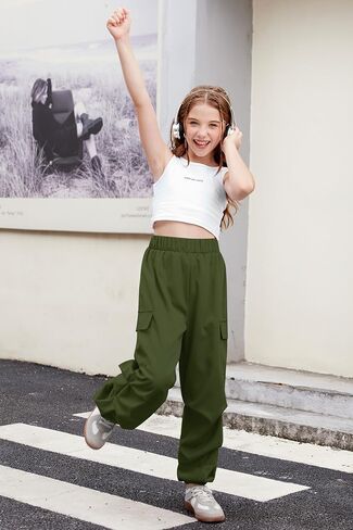 Girls Summer Baggy Parachute Y2K Cargo Pants Elastic Waist Jogger Wide Leg Trousers with Pockets 5-14 Years in Saudi Arabia