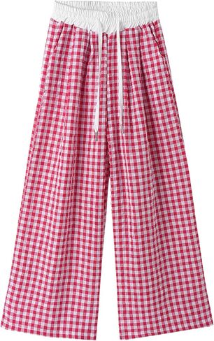 Happy Cherry Girls Gingham Wide Leg Pants مرنة عالية الخصر الخصر الخصر فضفاضة سراويل طويلة طباعة 5-14 سنة in Kuwait