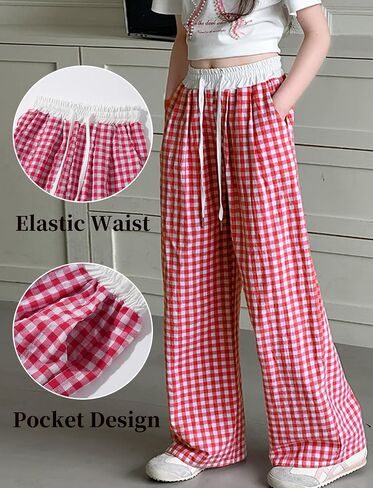 Happy Cherry Girls Gingham Wide Leg Pants مرنة عالية الخصر الخصر الخصر فضفاضة سراويل طويلة طباعة 5-14 سنة in Kuwait