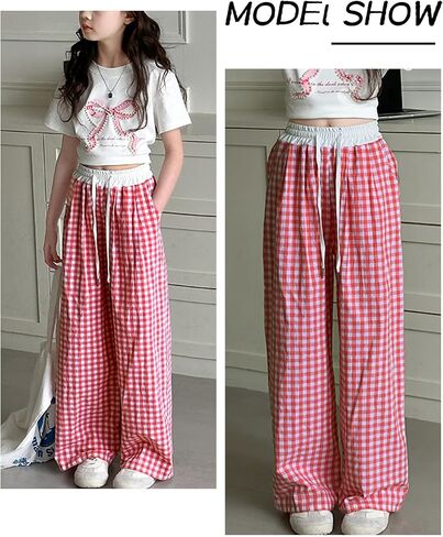 Happy Cherry Girls Gingham Wide Leg Pants مرنة عالية الخصر الخصر الخصر فضفاضة سراويل طويلة طباعة 5-14 سنة in Kuwait
