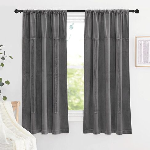 NICETOWN Short Velvet Curtains 63 inch - Heavy Grey Velvet Curtains Drapes with Tie Back Design Rod Pockeet Light Blocking Home Decoration Tie Up Shade for French Door/Kitchen, 46Wx 63L, 2 Pieces in Saudi Arabia