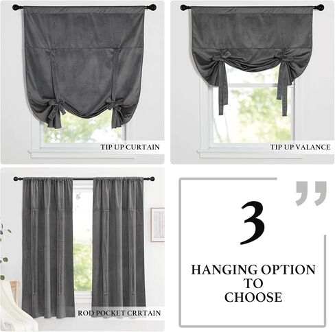 NICETOWN Short Velvet Curtains 63 inch - Heavy Grey Velvet Curtains Drapes with Tie Back Design Rod Pockeet Light Blocking Home Decoration Tie Up Shade for French Door/Kitchen, 46Wx 63L, 2 Pieces in Saudi Arabia
