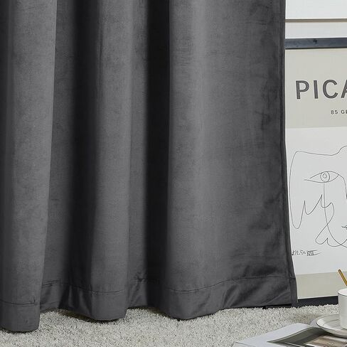 NICETOWN Short Velvet Curtains 63 inch - Heavy Grey Velvet Curtains Drapes with Tie Back Design Rod Pockeet Light Blocking Home Decoration Tie Up Shade for French Door/Kitchen, 46Wx 63L, 2 Pieces in Saudi Arabia