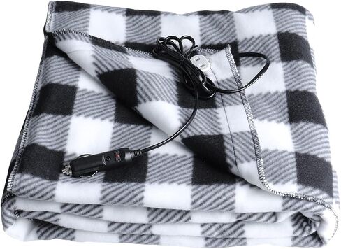 Electric Car Blanket- Heated 59 x 40inch 12 Volt Fleece Travel Throw for Car and RV-Great for Cold Weather, Tailgating, and Emergency Kits Black/White in Saudi Arabia