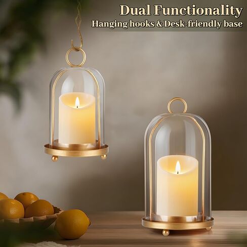 Glass Hurricane Candle Holder Decorative Gold Candle Lantern, Pillar Candlestick Holders Set of 2, Hanging Metal Holder Modern Table Centerpieces, Antique Brass in Kuwait