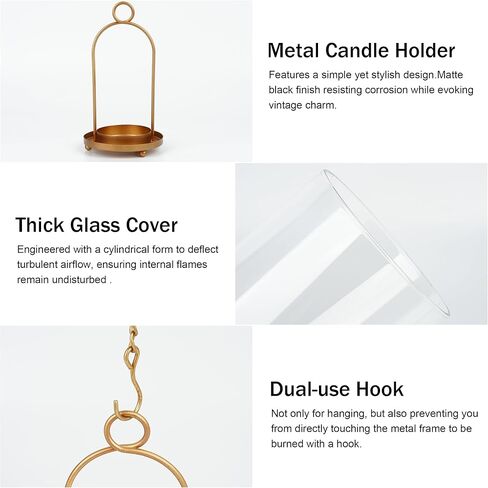 Glass Hurricane Candle Holder Decorative Gold Candle Lantern, Pillar Candlestick Holders Set of 2, Hanging Metal Holder Modern Table Centerpieces, Antique Brass in Kuwait