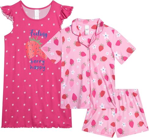 طقم بيجامة للفتيات من Rene Rofe - ثوب نوم مكشكش مكون من 3 قطع، وقميص نوم، وشورت صالة - ملابس نوم للفتيات (4-12) in Kuwait