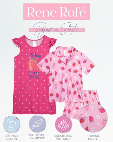 طقم بيجامة للفتيات من Rene Rofe - ثوب نوم مكشكش مكون من 3 قطع، وقميص نوم، وشورت صالة - ملابس نوم للفتيات (4-12) in Kuwait
