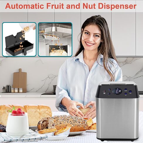 2.2LB Programmable Ceramic Pan Bread Machine, 17-IN-1 Dual Heaters Bread Maker with Sourdough, Gluten-Free, Dough, Pizza, Jam. 3 Crust Colors, Stainless Steel & Touch Panel, Automatic Fruit Dispenser in Saudi Arabia