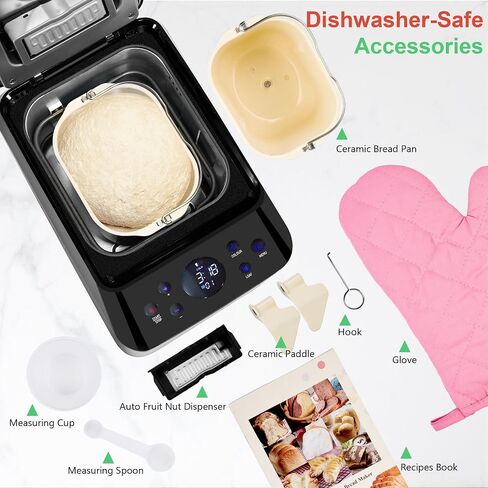 2.2LB Programmable Ceramic Pan Bread Machine, 17-IN-1 Dual Heaters Bread Maker with Sourdough, Gluten-Free, Dough, Pizza, Jam. 3 Crust Colors, Stainless Steel & Touch Panel, Automatic Fruit Dispenser in Saudi Arabia