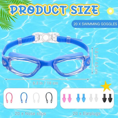 20 Pack Swimming Goggles for Adults Youth Pool Water Sport Swim Glasses Goggles Anti Fog UV Protection No Leaking Wide View for Men Women with 20 Set Ear Plugs and Nose Clips, Multicolor in Saudi Arabia