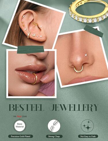 Besteel Gold Flase Rings للنساء - 14K مملوءة الذهب المملوءة بالمعالم الجراحية الأطواق الخاتم الفولاذ الفولاذ الخاتم 20G CZ المسمار L على شكل أنف أنف مثقوبات المجوهرات للنساء الرجال in Saudi Arabia