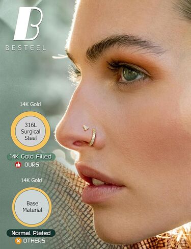 Besteel Gold Flase Rings للنساء - 14K مملوءة الذهب المملوءة بالمعالم الجراحية الأطواق الخاتم الفولاذ الفولاذ الخاتم 20G CZ المسمار L على شكل أنف أنف مثقوبات المجوهرات للنساء الرجال in Saudi Arabia