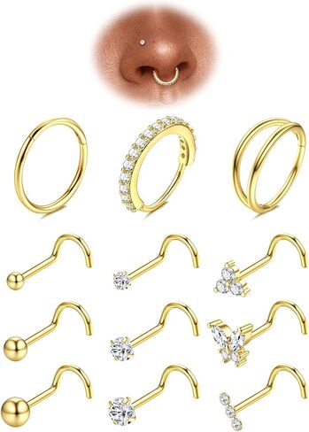 Besteel Gold Flase Rings للنساء - 14K مملوءة الذهب المملوءة بالمعالم الجراحية الأطواق الخاتم الفولاذ الفولاذ الخاتم 20G CZ المسمار L على شكل أنف أنف مثقوبات المجوهرات للنساء الرجال in Saudi Arabia