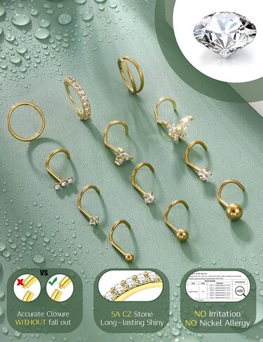 Besteel Gold Flase Rings للنساء - 14K مملوءة الذهب المملوءة بالمعالم الجراحية الأطواق الخاتم الفولاذ الفولاذ الخاتم 20G CZ المسمار L على شكل أنف أنف مثقوبات المجوهرات للنساء الرجال in Saudi Arabia