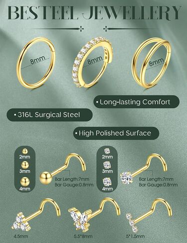 Besteel Gold Flase Rings للنساء - 14K مملوءة الذهب المملوءة بالمعالم الجراحية الأطواق الخاتم الفولاذ الفولاذ الخاتم 20G CZ المسمار L على شكل أنف أنف مثقوبات المجوهرات للنساء الرجال in Saudi Arabia