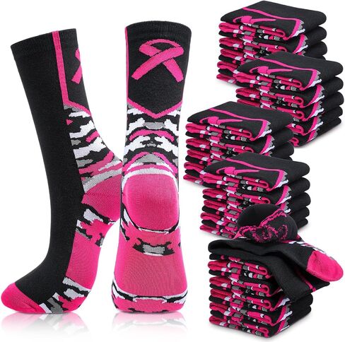 Jiuguva 60 Pair Athletic Pink Ribbon Breast Cancer Awareness Socks Soft Pink Ribbon Sport Socks for Women Men Softball Soccer (Classic) in Kuwait