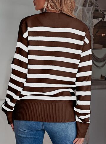 EVALESS Womens Casual Striped Cardigan Sweaters Fall Fashion 2024 Long Sleeve V Neck Lightweight Cardigans Open Front Button Down Knit Sweater Tops Green Stripe X-Small in Kuwait