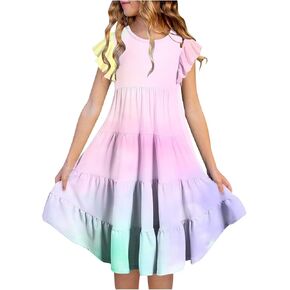 Toddler Girls Summer Gradient Dresses Kids Double Layer Ruffle A Line Dress Teen Cotton Casual Skater Tiered Swing Sun Dress in Kuwait