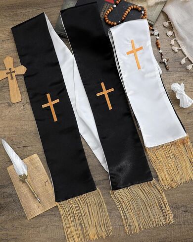 Eurzom 2 Pcs Embroidery Reversible Clergy Stole with Cross Tassels Wedding Church Minister Pastor Priest Shawls for Men Women in Saudi Arabia