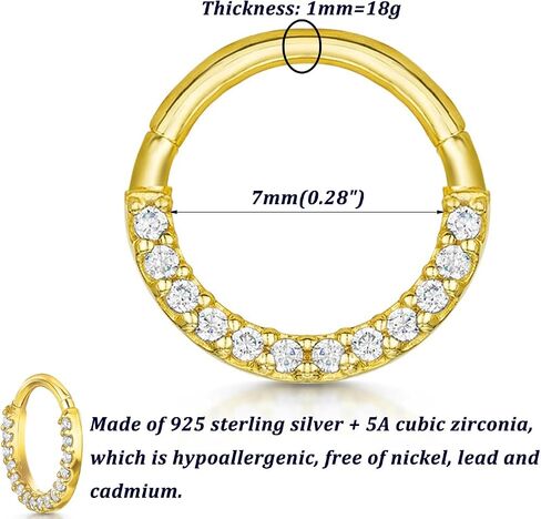 Lantine Cz Septum Daith Piercing Jewelry Gold Septum Ring 925 Sterling Silver Daith Earrings Hinged Clicker Helix Tragus Piercing Jewelry Cartilage Hoop Earrings 18g 7mm in Saudi Arabia