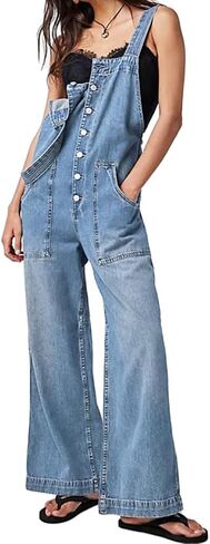 Kedera Women's Casual Baggy Denim Adjustable Denim Bib Overalls Loose Wide Leg Jeans Pants Jumpsuits with Pockets in Kuwait
