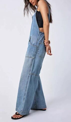 Kedera Women's Casual Baggy Denim Adjustable Denim Bib Overalls Loose Wide Leg Jeans Pants Jumpsuits with Pockets in Kuwait