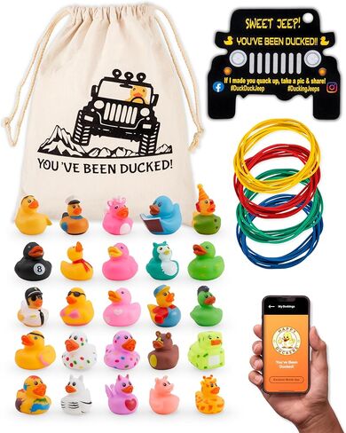 Jeep Ducks for Ducking Refill Kit- 75 Piece kit Including 25 Rubber Ducks, 25 Jeep Ducking Cards & 25 Rubber Bands Plus Official Duck Duck Jeep Mobile App - Happy Duckers in Saudi Arabia