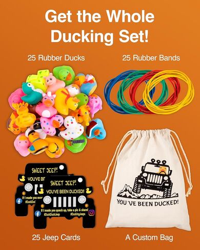 Jeep Ducks for Ducking Refill Kit- 75 Piece kit Including 25 Rubber Ducks, 25 Jeep Ducking Cards & 25 Rubber Bands Plus Official Duck Duck Jeep Mobile App - Happy Duckers in Saudi Arabia