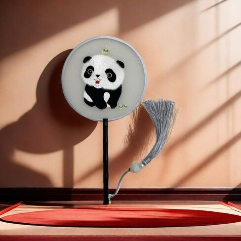 Handmade Embroidered Panda Round Fan – Traditional Chinese Silk Hand Fan in Saudi Arabia