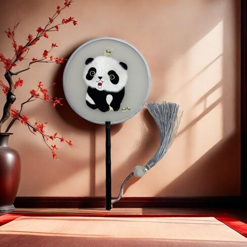 Handmade Embroidered Panda Round Fan – Traditional Chinese Silk Hand Fan in Saudi Arabia