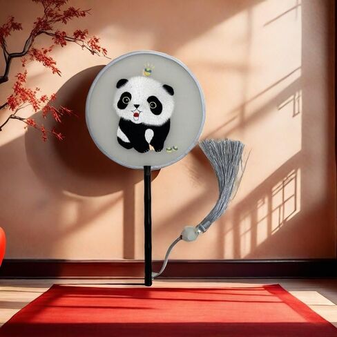 Handmade Embroidered Panda Round Fan – Traditional Chinese Silk Hand Fan in Saudi Arabia