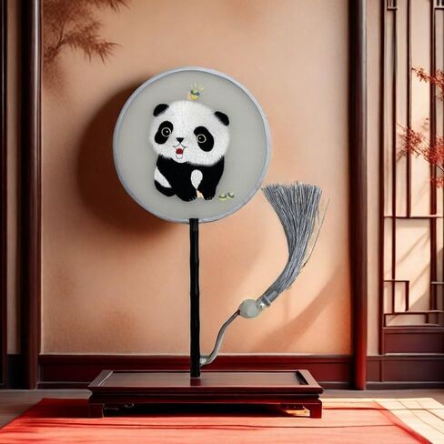 Handmade Embroidered Panda Round Fan – Traditional Chinese Silk Hand Fan in Saudi Arabia
