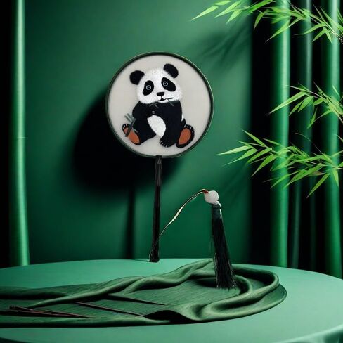 Handmade Embroidered Panda Round Fan – Traditional Chinese Silk Hand Fan in Saudi Arabia