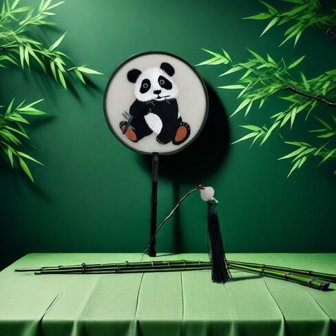 Handmade Embroidered Panda Round Fan – Traditional Chinese Silk Hand Fan in Saudi Arabia
